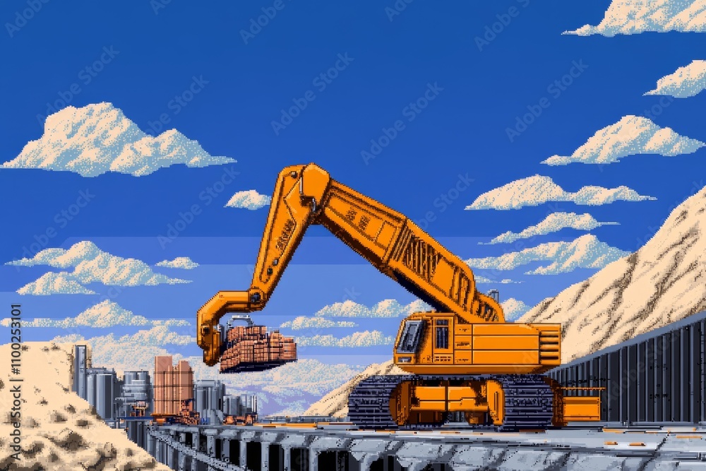 Aufkleber A pixel art depiction of an automation line, with colorful blocky robots assembling products in a retro game aesthetic