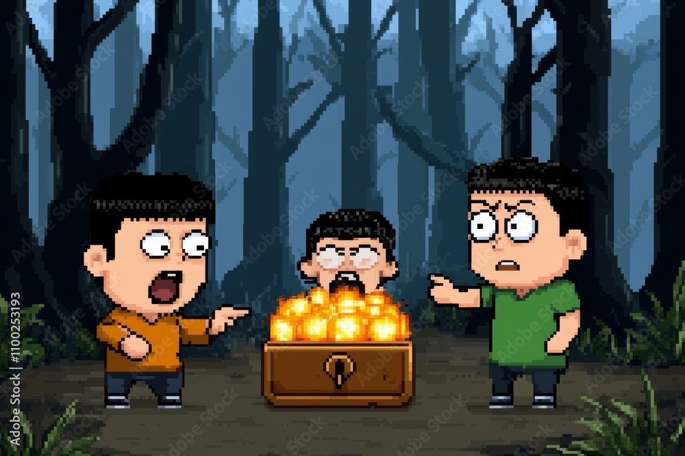 Aufkleber A pixel art scene of a character pointing at a glowing treasure chest, with other characters looking on in a retro RPG style
