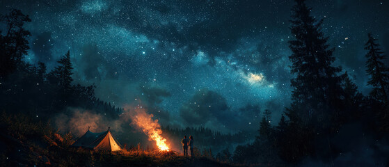 couple stands by campfire under starry night sky, surrounded by trees and tent, creating romantic and serene atmosphere