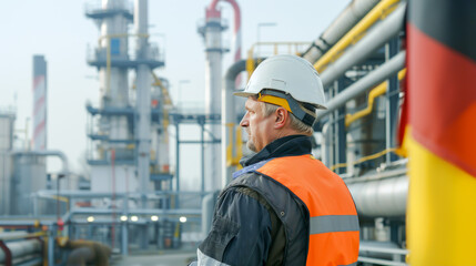 Fototapeta premium Engineer in safety helmet and reflective vest oversees modern refinery, framed by pipelines and German flag. Concept of energy production, industry, and German national development. Copy space