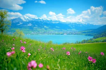 Fototapeta premium Pink flower on green fields with lake and mountain. generative AI