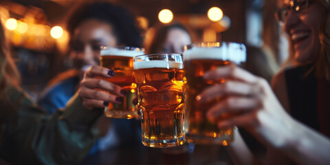 friends clinking glasses of beer at a bar Generative AI