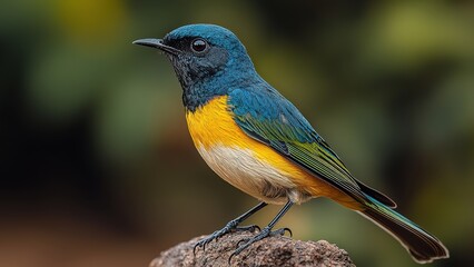 Naklejka premium Vibrant blue and yellow bird on branch with blurred background
