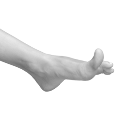 Barefoot woman in side view. Relaxed pose showing big toe and flexible anatomy, soft skin, and neat profile. Shoeless posture highlights movement and stretching. grayscale
