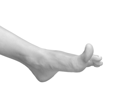 Barefoot woman in side view. Relaxed pose showing big toe and flexible anatomy, soft skin, and neat profile. Shoeless posture highlights movement and stretching. grayscale