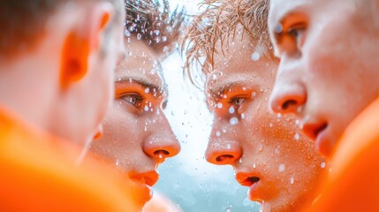 A team of basketball players huddling up during a timeout, listening intently to their coach instructions, with sweat dripping from their foreheads.
