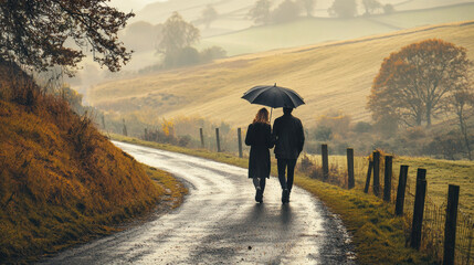 couple walking down winding road under umbrella, surrounded by autumn scenery. landscape features rolling hills and misty atmosphere, creating romantic mood