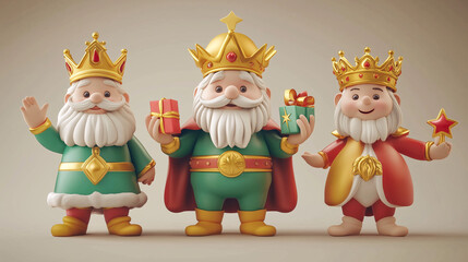 Fototapeta premium Figura en 3D de los Tres Reyes Magos con regalos y coronas