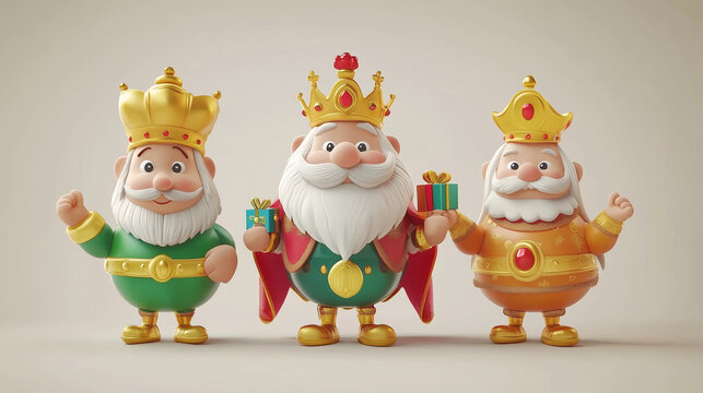 Figura en 3D de los Tres Reyes Magos con regalos y coronas