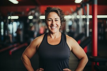 Fototapeta premium Smiling portrait of a middle aged slightly overweight woman in gym