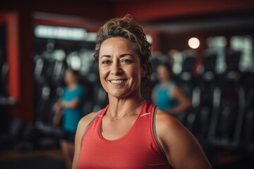 Fototapeta premium Smiling portrait of a middle aged slightly overweight woman in gym