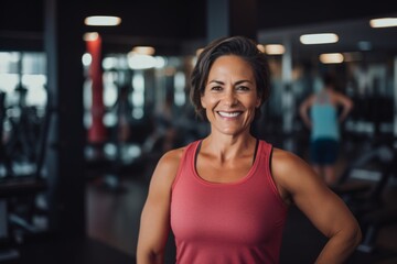 Fototapeta premium Smiling portrait of a middle aged slightly overweight woman in gym