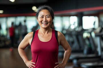 Fototapeta premium Smiling portrait of a middle aged slightly overweight woman in gym