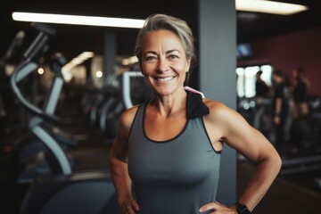 Fototapeta premium Smiling portrait of a middle aged slightly overweight woman in gym