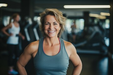 Fototapeta premium Smiling portrait of a middle aged slightly overweight woman in gym