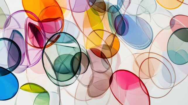 Conceptual representation of intersectionality with a network of transparent, overlapping ellipses in various colors forming a complex, harmonious pattern in a minimalist backdrop