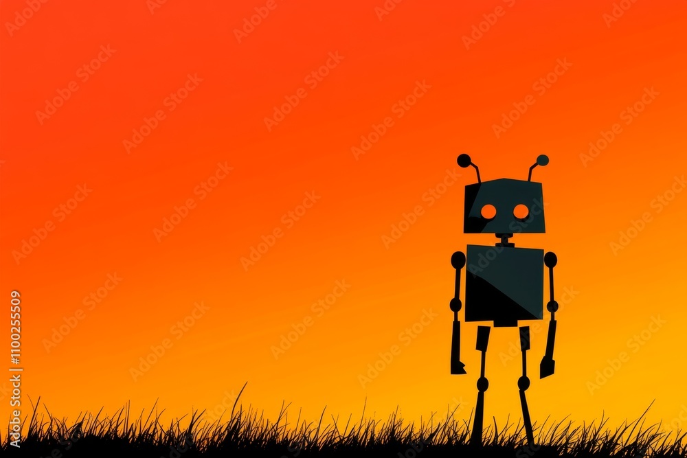 Aufkleber A single robot silhouette with a simple boxy design, placed on a neutral gradient background in a minimalist composition