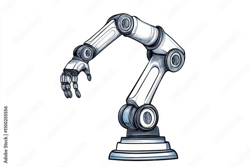 Poster a single robotic arm depicted in bold minimalist line art on a clean white background