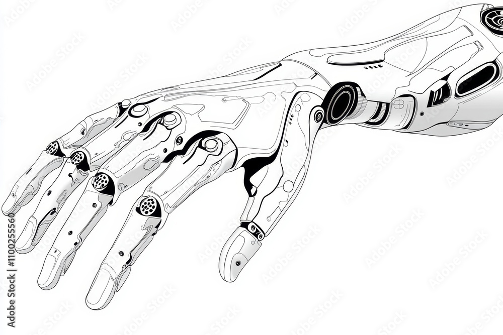 Poster a single robotic arm depicted in bold minimalist line art on a clean white background