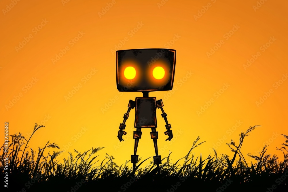 Aufkleber A single robot silhouette with a simple boxy design, placed on a neutral gradient background in a minimalist composition