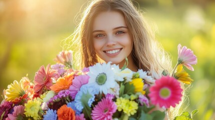 Naklejka premium Beautiful young woman with a huge bouquet of colorful flowers generative ai
