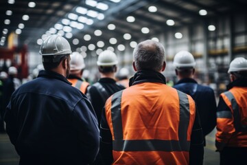 Factory employees having a safety meeting in a factory