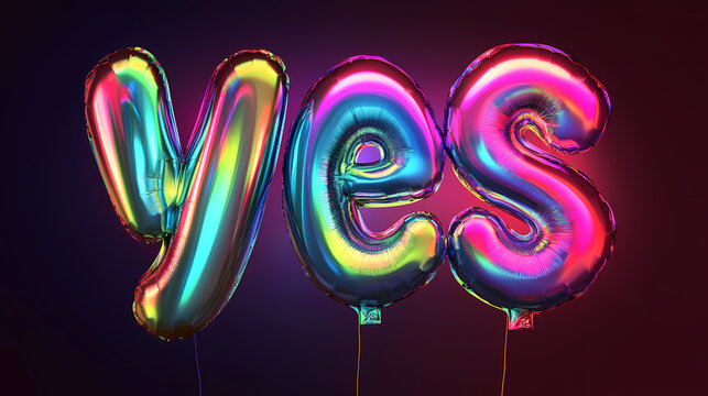 Shiny holographic "yes" in balloon lettering style, dripping with cool, isolated for impactful visual statements. Holographic. Illustration