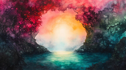 Fototapeta premium A tranquil lake reflects a stunning sunset, framed by vibrant trees in shades of red and green, creating a serene and colorful atmosphere