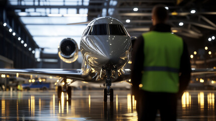 A private jet's gleaming body reflects the lighting of the hangar, with an airport worker in a safety vest standing prominently at the forefront.
