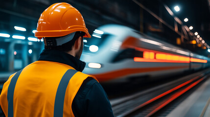 A man in a safety helmet stands near the locomotive of a train, with the blurred motion of another train passing by in the background.