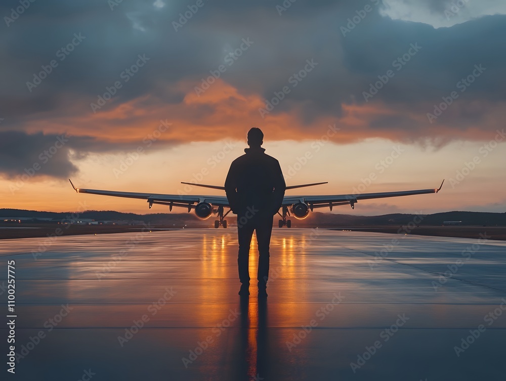 Aufkleber Silhouetted Figure Standing in Front of Airplanes on a Runway at Sunset with Dramatic Clouds Reflecting on Wet Surface