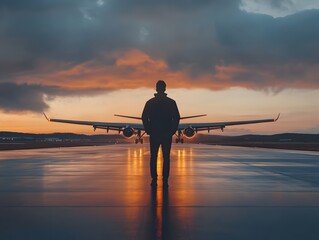 Silhouetted Figure Standing in Front of Airplanes on a Runway at Sunset with Dramatic Clouds Reflecting on Wet Surface