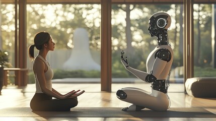 A robot helping a person with a yoga routine, offering posture corrections and breathing guidance based on real-time AI analysis. 