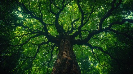 Fototapeta premium Majestic tree canopy spreads across lush green forest landscape