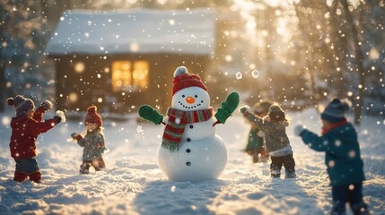 Obraz premium Children Building a Snowman in Winter Wonderland, Cheerful Moments in the Snowy Landscape with a Cozy Cabin