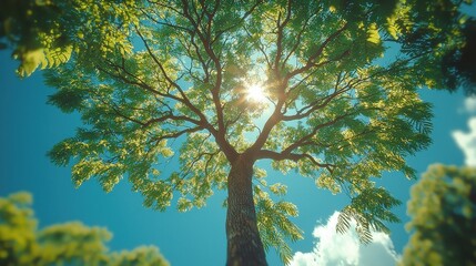 Fototapeta premium Majestic tree reaching toward sky with sunlight filtering through lush green leaves