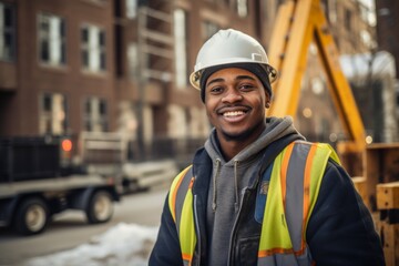 Smiling portrait of a young male African American construction worker