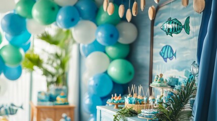 Blue and green balloons in an underwater themed birthday room generative ai
