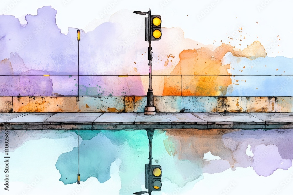 Poster a watercolor painting of a futuristic automated city, blending soft pastel tones and glowing robotic
