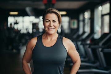 Fototapeta premium Smiling portrait of a middle aged slightly overweight woman in gym