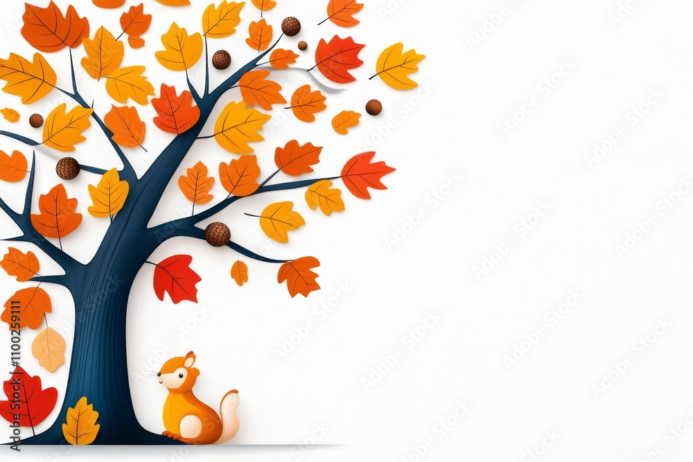 Poster a whimsical 2d drawing of a tree shedding colorful leaves, with a small squirrel collecting acorns, 