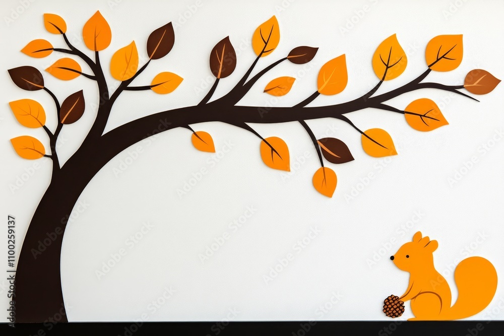 Poster a whimsical 2d drawing of a tree shedding colorful leaves, with a small squirrel collecting acorns, 