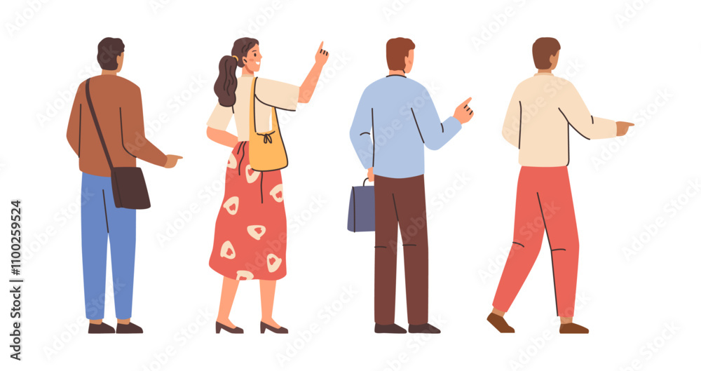 Poster people standing in line pointing up. vector isolated flat set of employees or clients back view. wom