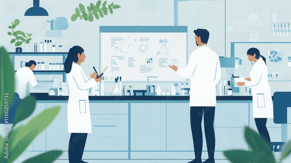 Fototapete Four scientists are working in a laboratory. Three of them are standing, one at a whiteboard and two in front of a workbench, while the other scientist is working with equipment in the background.