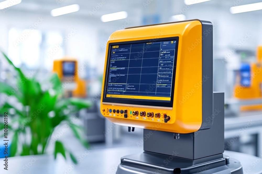 Poster An automated quality control system scanning products for defects, with advanced sensors and screens displaying results