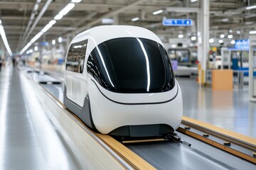Fototapeta premium An automated transportation system in a futuristic airport, with conveyor belts and self-driving shuttles