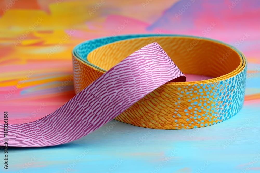 Poster An award ribbon featuring an artistic design, displayed on a backdrop of vibrant abstract patterns