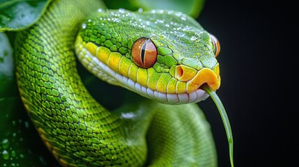 Fototapeta premium Vibrant green snake with detailed scales and striking eyes in close-up view