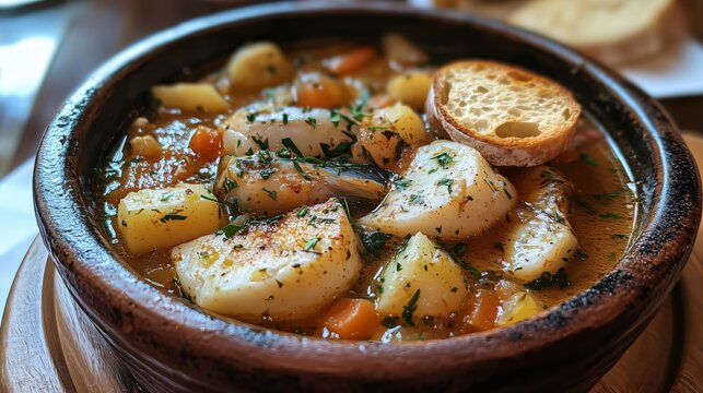 Delicious monkfish stew with potatoes, carrots, and parsley garnished with toasted bread in clay pot