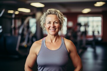 Fototapeta premium Smiling portrait of a middle aged slightly overweight woman in gym